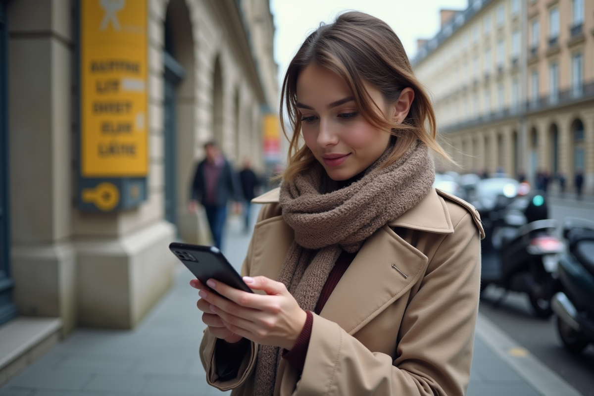 Jeune femme dans une rue urbaine lisant Telepoint sur smartphone