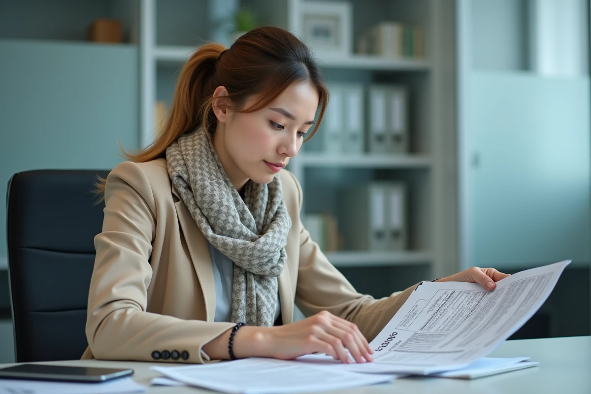 Femme inspectant des documents de véhicule au bureau