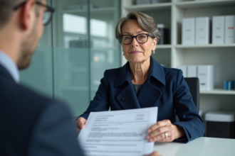 Femme en trench bleu remettant un document à un agent administratif