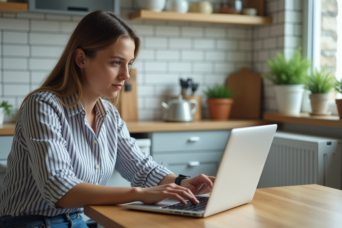 Jeune femme au laptop dans une cuisine chaleureuse et bien éclairée