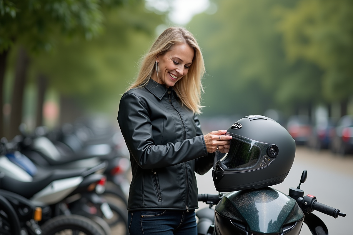 Femme en moto dehors compare casque et tête
