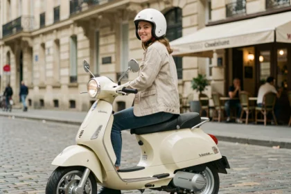 Jeune femme avec un casque blanc assise sur une Vespa 125 crème garée dans une rue pavée de ville française