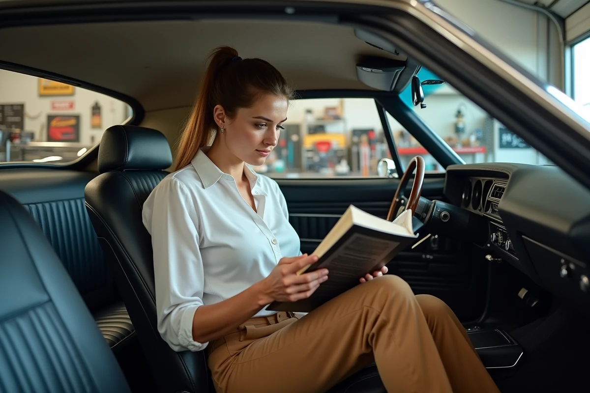 Femme dans la voiture ancienne lisant un guide d