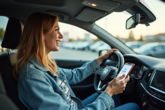 Jeune femme souriante dans une voiture avec app BlaBlaCar