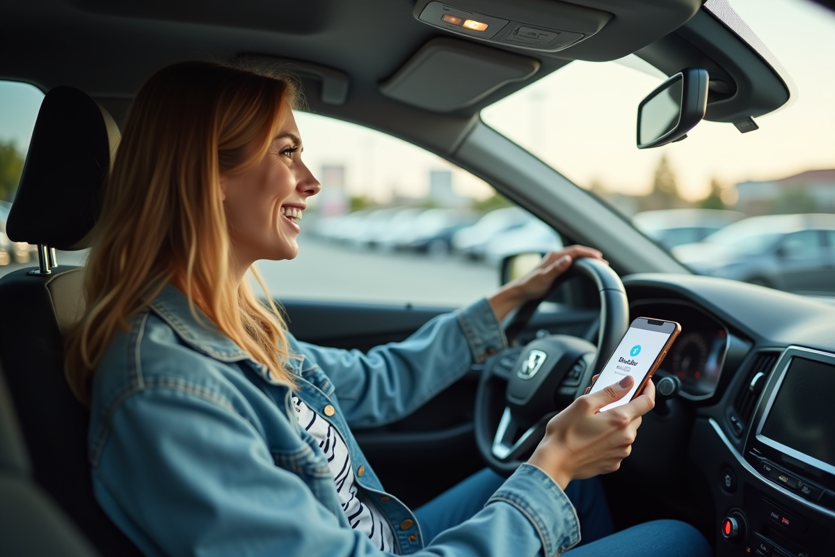 Jeune femme souriante dans une voiture avec app BlaBlaCar