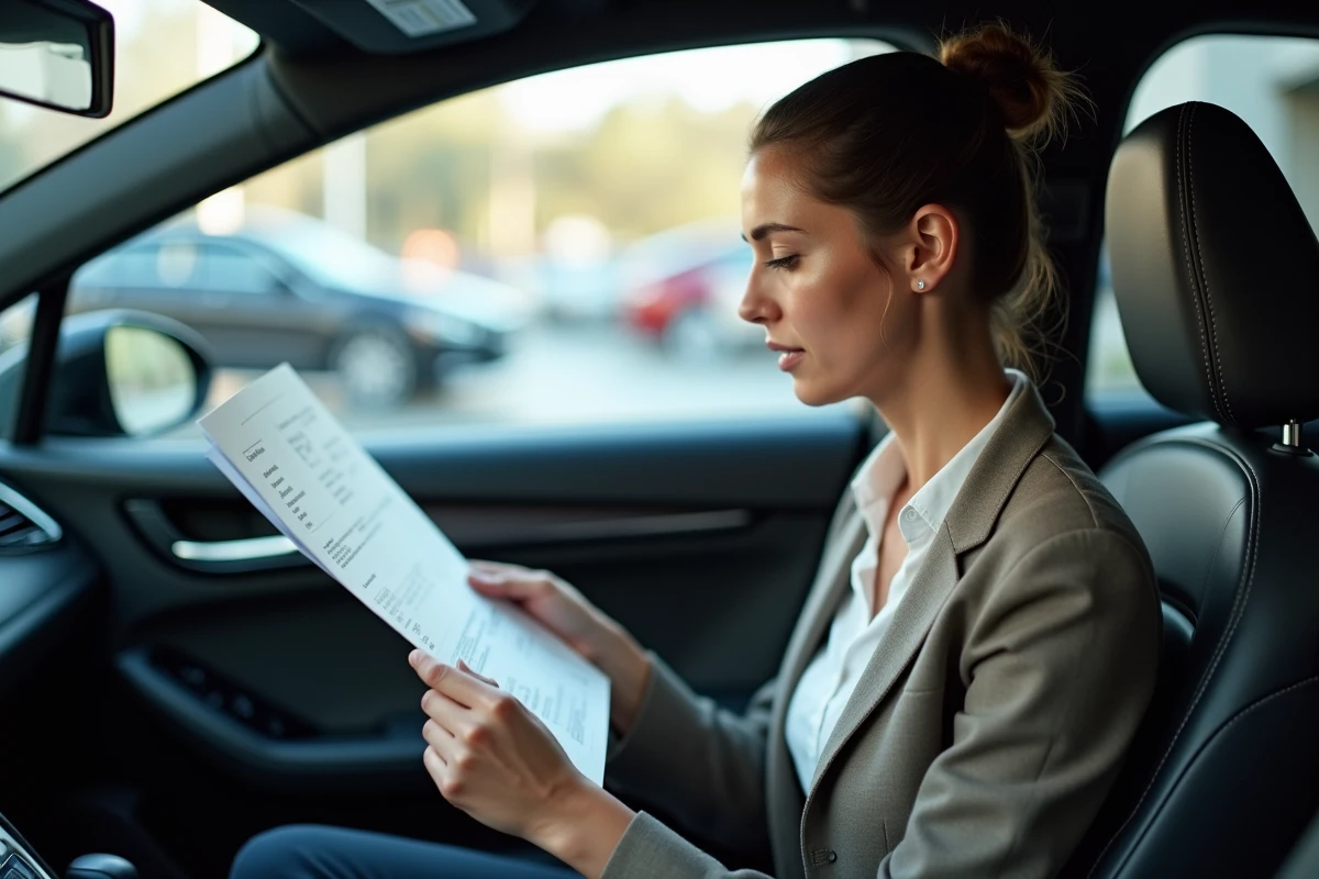 Femme examine un rapport de service dans une voiture moderne