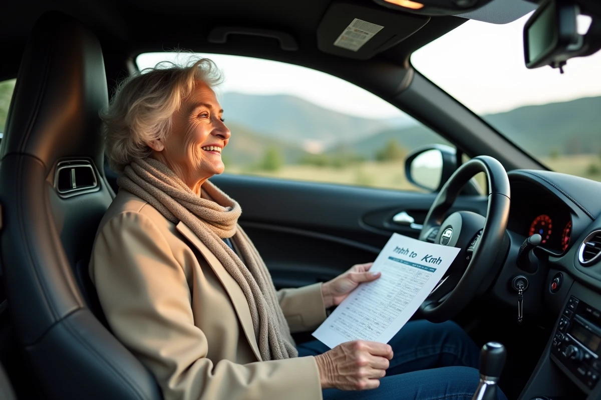 Femme souriante avec tableau de conversion dans une voiture