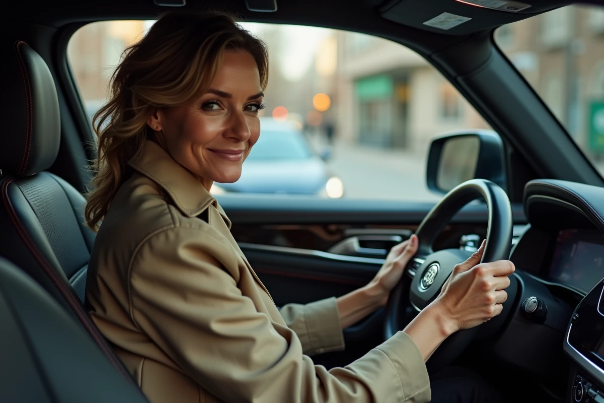 Femme au volant d'un SUV premium tenant le volant avec le logo de marque automobile illuminé visible
