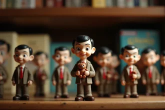 Collection de figurines miniatures Mister Bean en résine peinte sur une étagère en bois, représentant le personnage iconique dans différentes poses avec son veston marron et sa cravate rouge