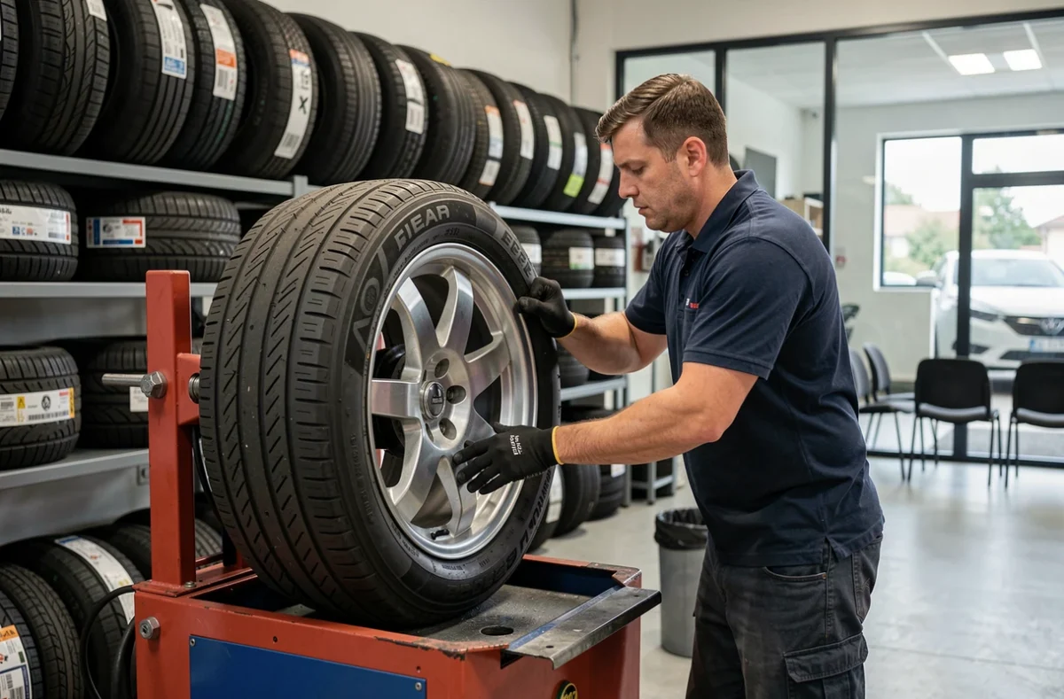 Technicien montant un pneu sur une jante à la machine au First Stop Centre Auto Madacar à Billère