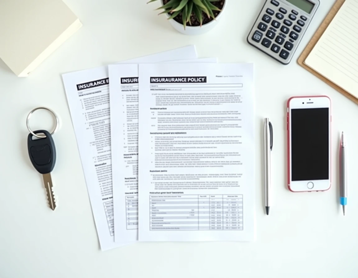 Vue aérienne d'une clé de voiture, d'un contrat d'assurance auto et d'un comparatif sur smartphone posés sur un bureau blanc