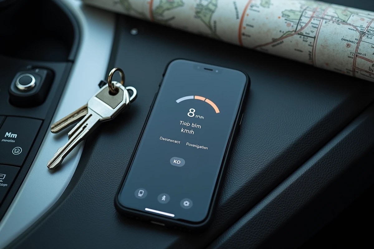 Vue aérienne d'un smartphone affichant les réglages de vitesse GPS en mph et km/h posé sur un tableau de bord de voiture