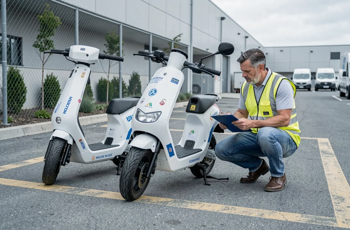 Responsable de flotte inspectant des scooters électriques d'entreprise dans un parking professionnel