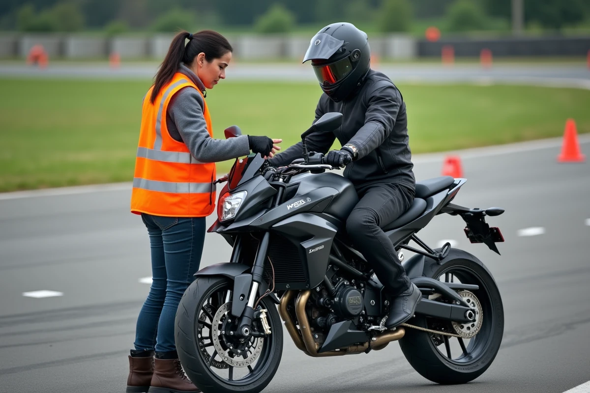 Instructrice de moto montrant les commandes d'une grosse cylindrée à un élève débutant sur un circuit de formation fermé