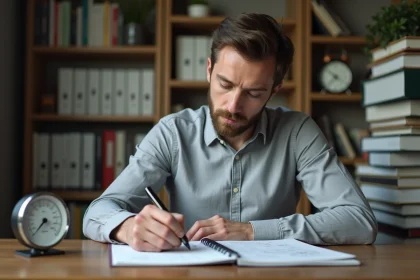 Ingénieur écrivant des formules de conversion miles par heure en kilomètres par heure dans un carnet avec un speedomètre analogique sur le bureau