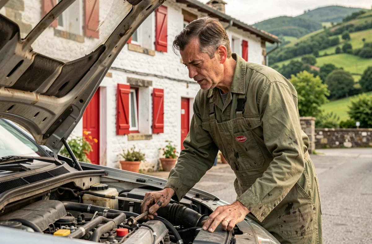 Mécanicien inspectant un moteur devant le Garage Errobi, garage multimarque situé à Itxassou au Pays basque