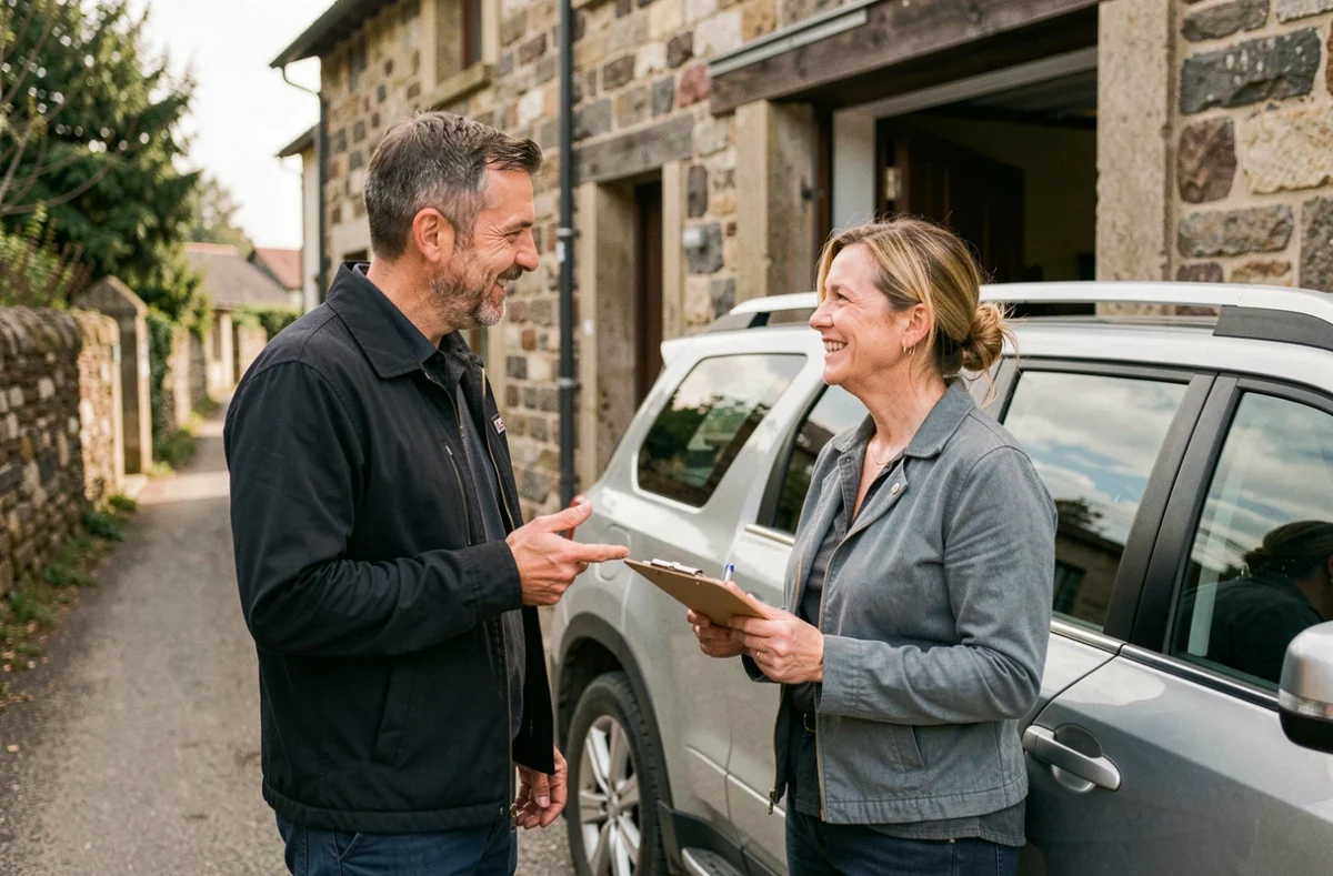 Le garagiste du Garage Hirigoyen Herve accueillant une cliente devant son atelier de proximité au Pays basque