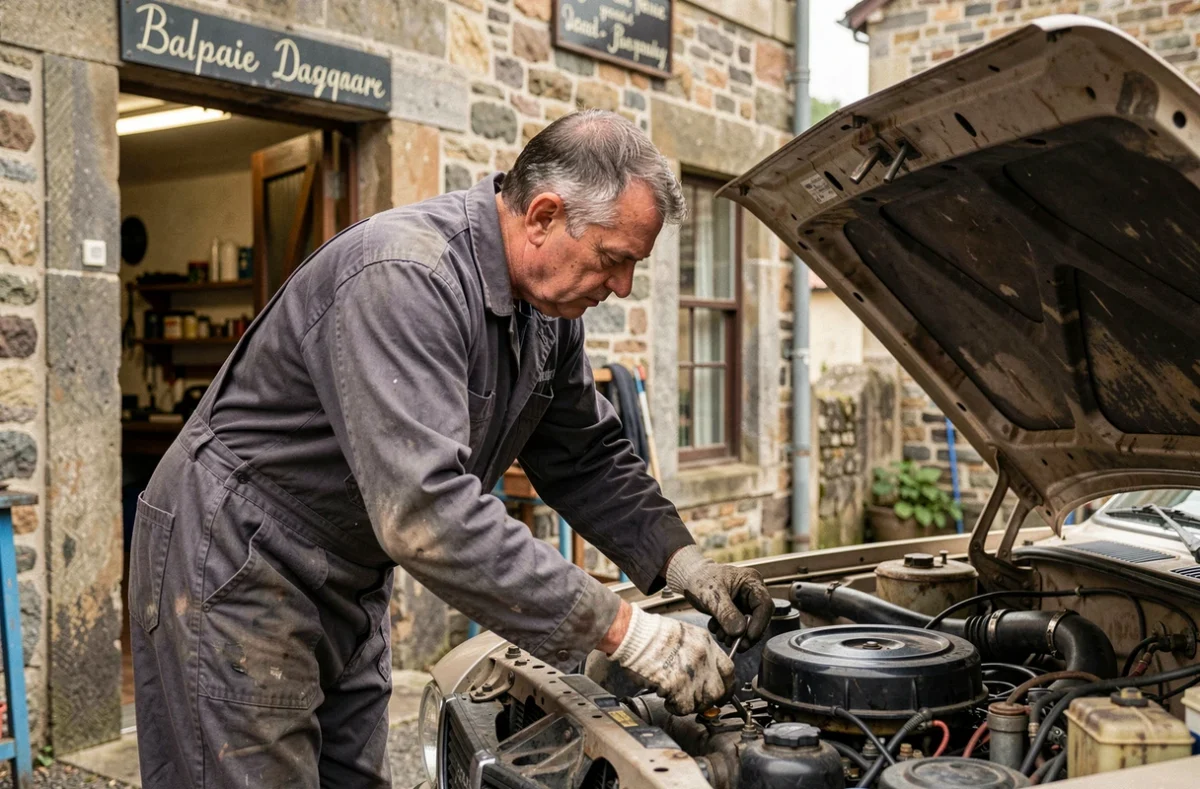 Mécanicien expérimenté travaillant sur le moteur d'une berline dans l'atelier du Garage Intxaurmendi au Pays basque
