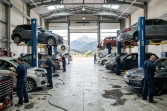 Vue intérieure d'un garage automobile professionnel dans les Pyrénées-Atlantiques avec des véhicules sur ponts élévateurs et des mécaniciens au travail