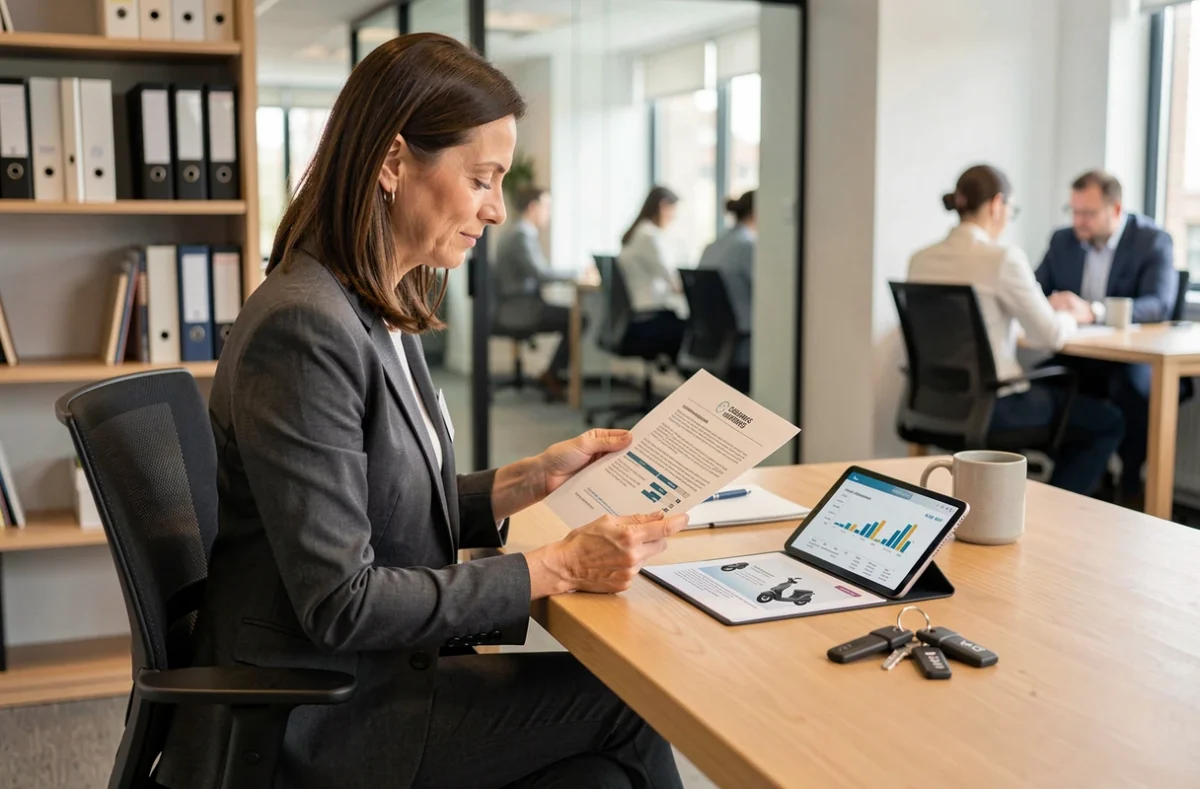 Gestionnaire d'entreprise consultant un contrat d'assurance scooter professionnel dans un bureau moderne