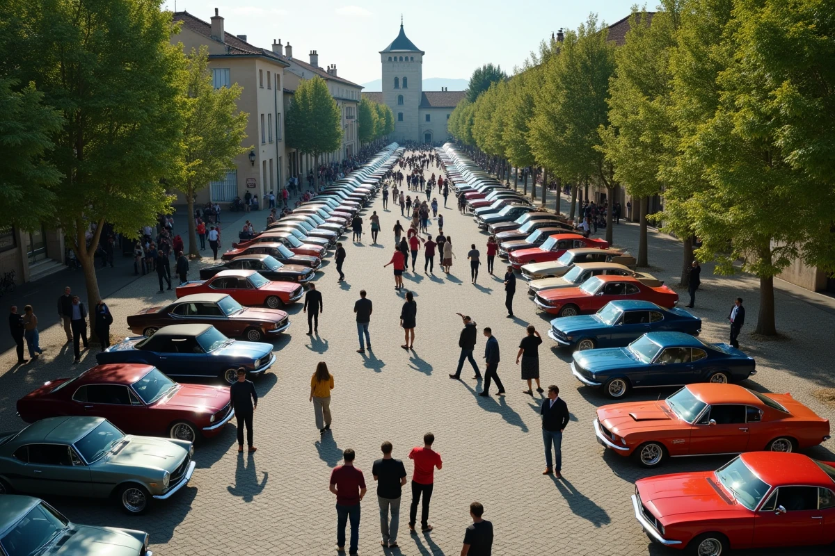 Vue large d'un grand rassemblement automobile sur une place de village avec des voitures de collection et des visiteurs lors d'un événement régional du week-end