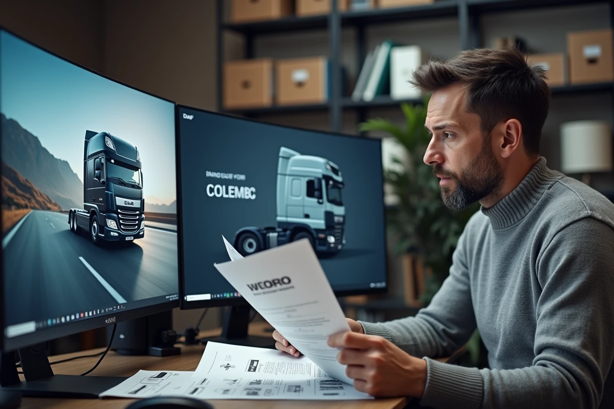 Graphiste professionnel consultant les directives d'utilisation du logo DAF sur son poste de travail en studio