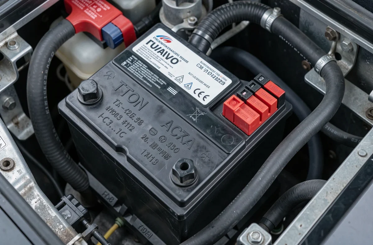 Gros plan d'une batterie de voiture neuve installée dans un compartiment moteur avec bornes bien visibles