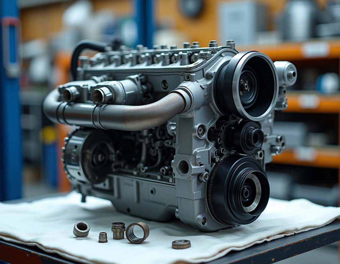 Gros plan sur le moteur diesel B47 BMW partiellement démonté sur établi d'atelier