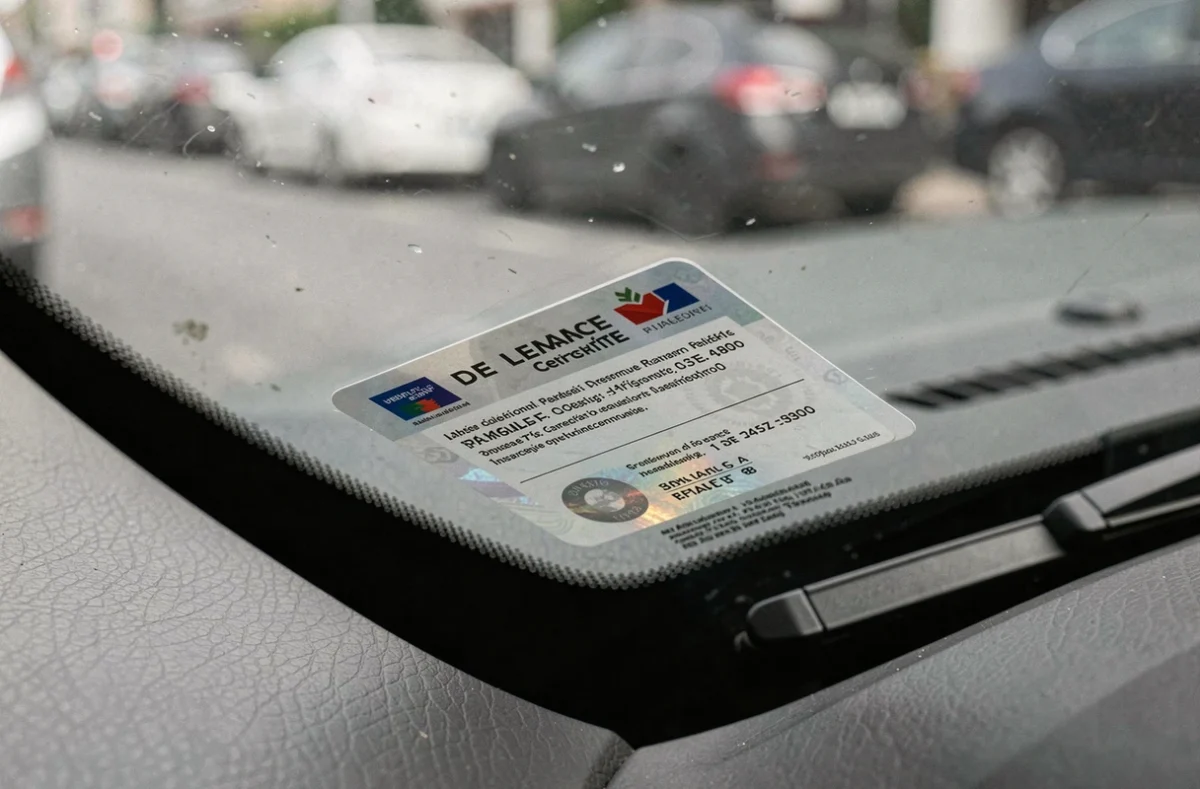 Gros plan sur une vignette d'assurance collée dans le coin inférieur gauche du pare-brise d'une voiture