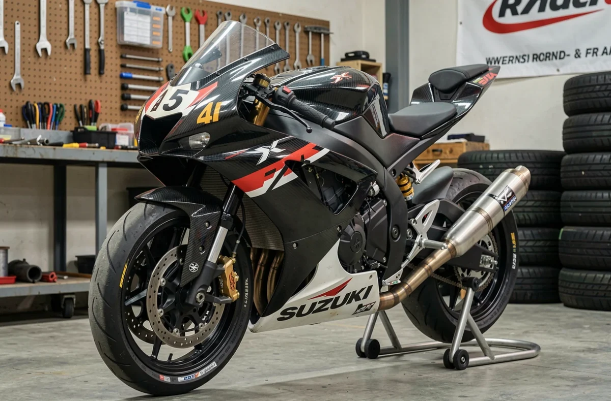 Suzuki GSXR préparée pour la piste avec carénage racing, pot d'échappement titane et pneus slick dans un garage de paddock