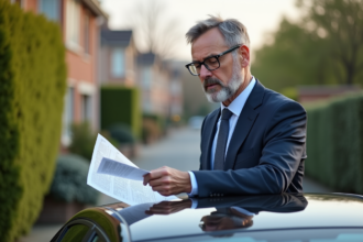 Homme d'affaires en costume sur son sedan dans une allée