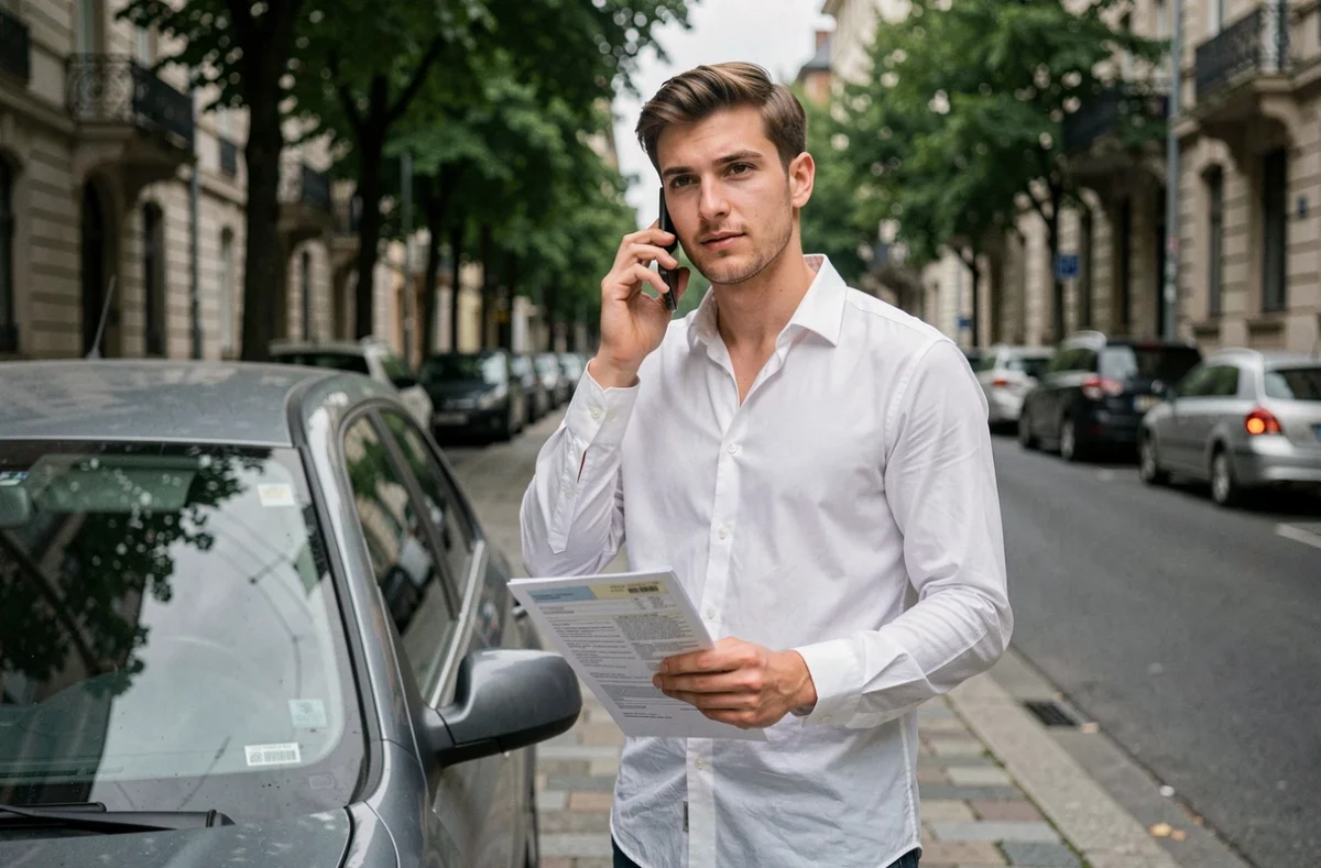 Un homme consulte ses documents d'assurance auto près de son véhicule accidenté avant de contacter le médiateur