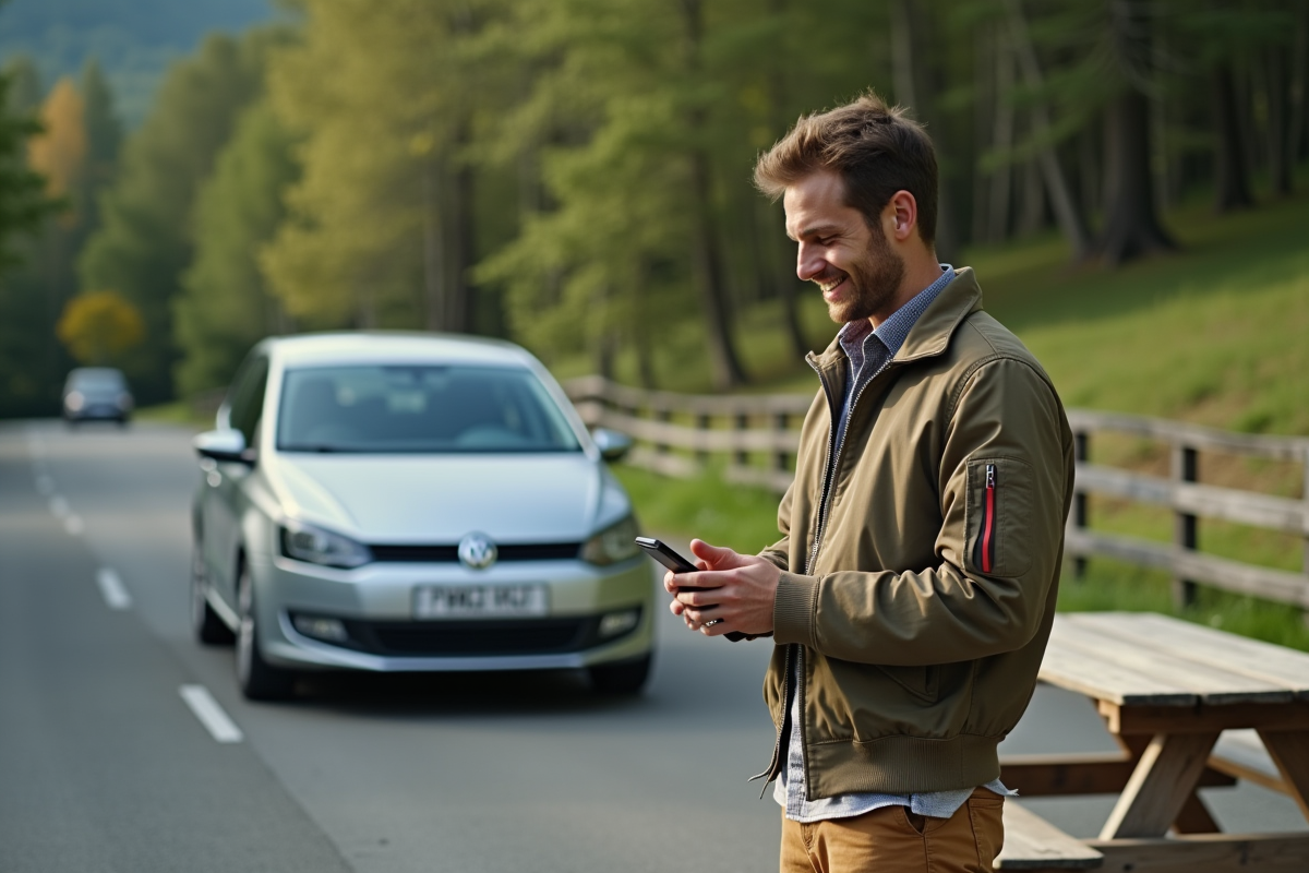 Homme vérifiant son téléphone à côté de sa voiture en campagne