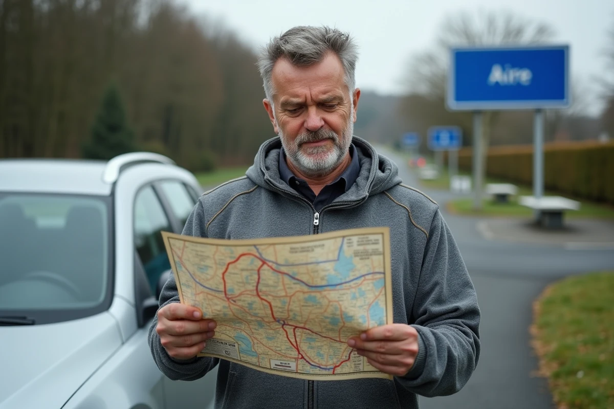 Homme debout dans une aire d'autoroute française consultant une carte routière papier pour planifier son itinéraire