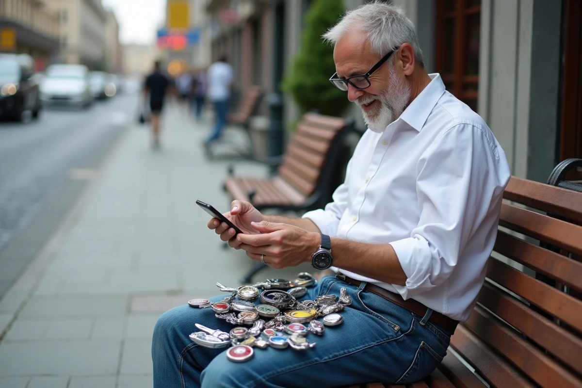 Homme d'âge moyen examinant des emblèmes de voiture sur ses genoux