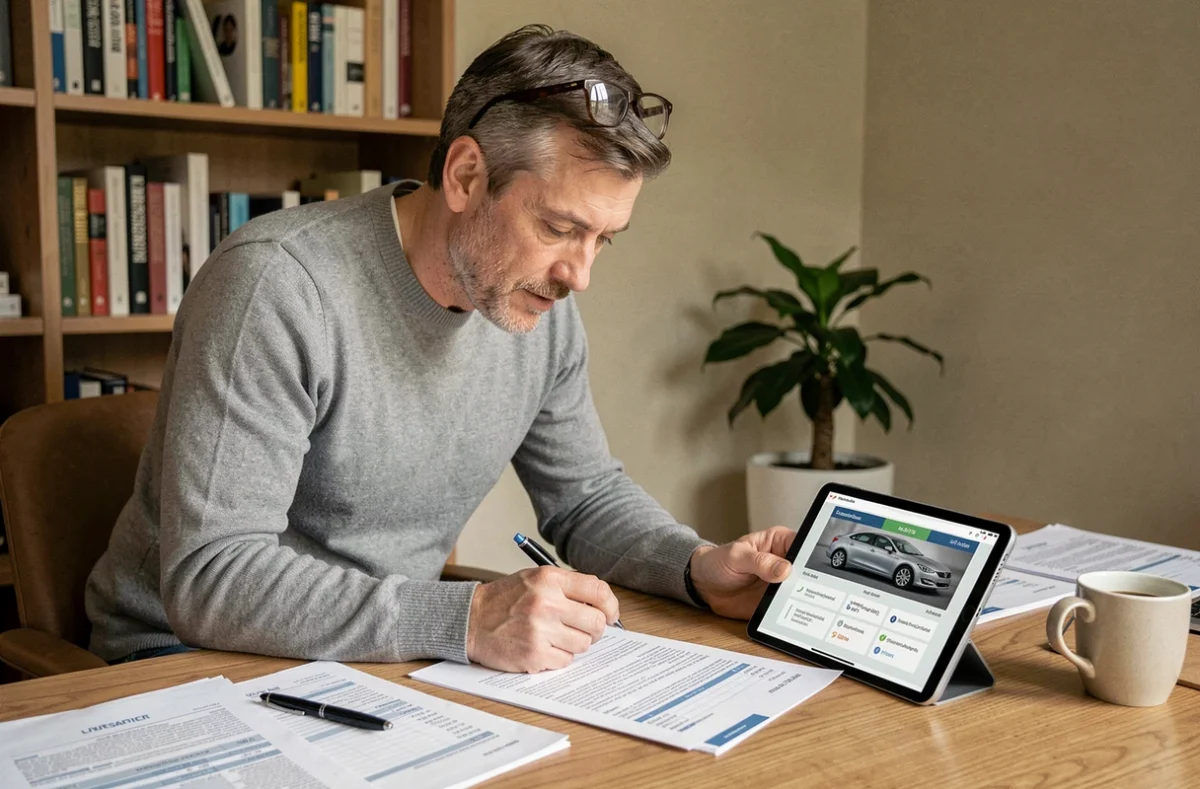 Homme étudiant des offres de financement et de location pour une voiture sans permis sur tablette et documents papier