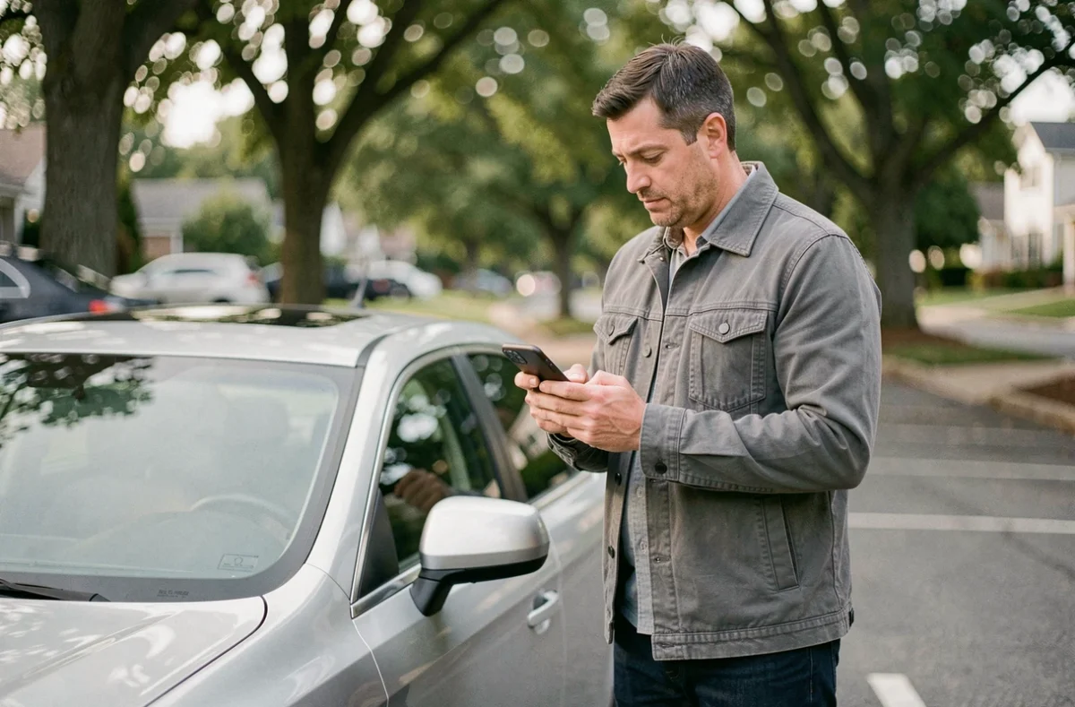Homme utilisant une application comparateur d'assurance automobile sur smartphone devant sa voiture