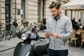 Homme consultant son contrat d'assurance scooter sur un trottoir en ville
