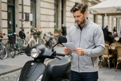 Homme consultant son contrat d'assurance scooter sur un trottoir en ville