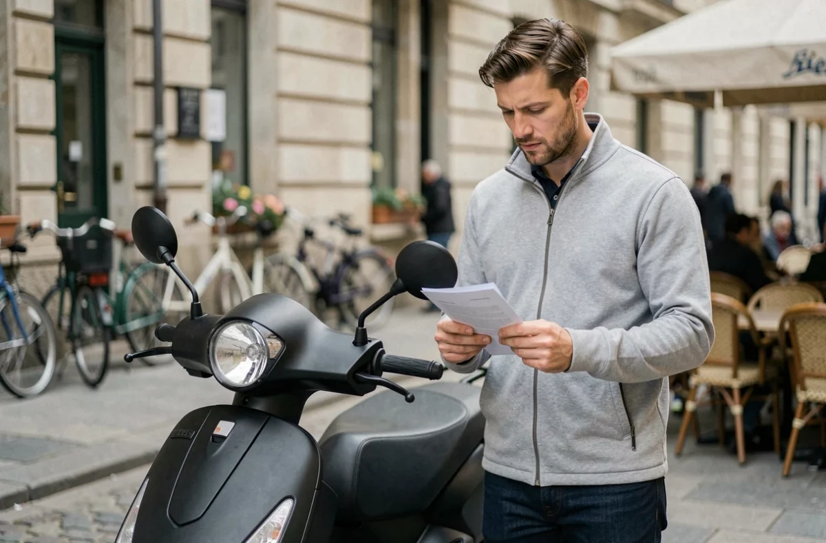 Homme consultant son contrat d'assurance scooter sur un trottoir en ville