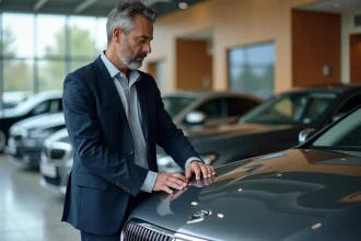 Homme en blazer marine examinant le logo emblème chromé d'une voiture de luxe dans un showroom automobile moderne