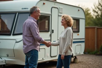 Homme et femme serrant la main devant une caravane dans un jardin