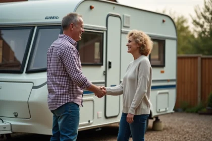 Homme et femme serrant la main devant une caravane dans un jardin