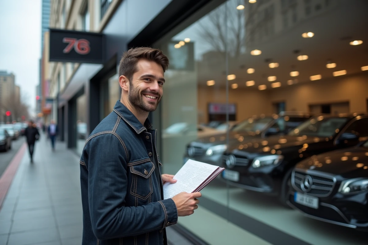 Homme tenant une grille de mots fléchés devant un showroom automobile en ville, souriant après avoir trouvé une marque de voiture en X