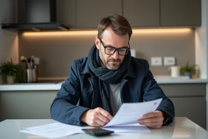Homme d'âge moyen étudiant des documents fiscaux dans une cuisine lumineuse