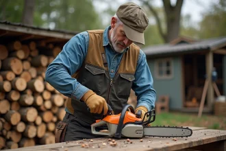 Homme en tenue de travail verse un mélange de carburant dans une scie