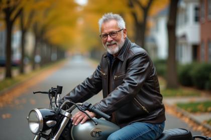 Homme d'âge moyen avec moto vintage des années 70