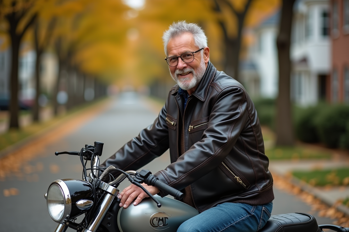 Homme d'âge moyen avec moto vintage des années 70