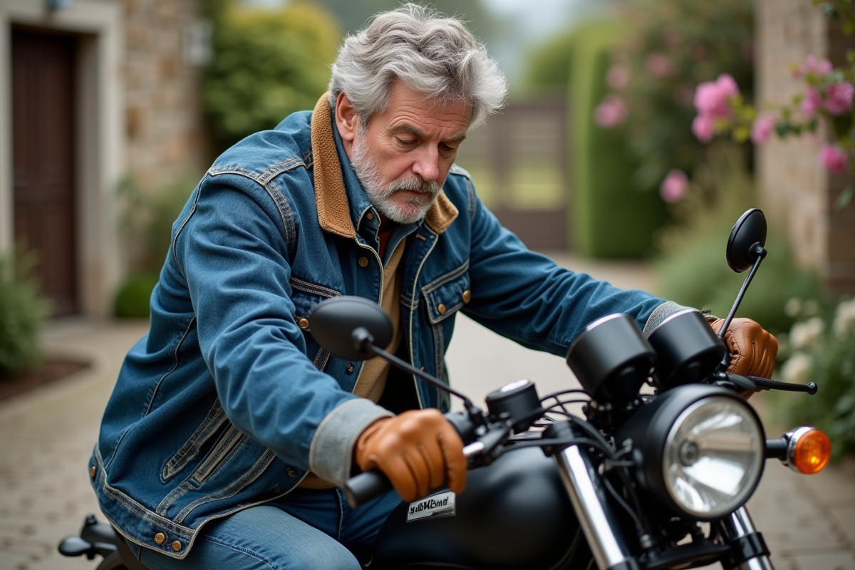 Homme inspectant une moto de tourisme usée en extérieur