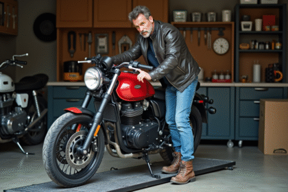 Homme d'âge moyen examinant une moto rouge dans un garage